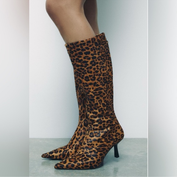 ZARA ANIMAL PRINT HEELED 100% LEATHER BOOTS - Picture 2 of 8